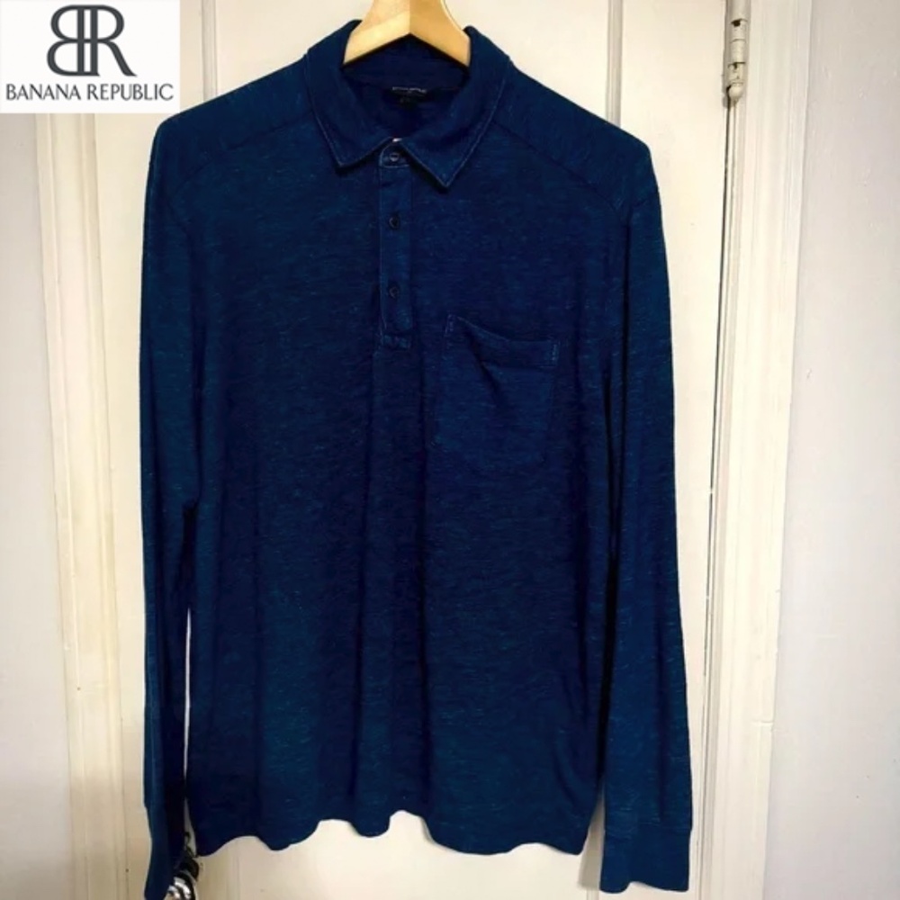 Banana Republic Men’s Long Sleeve Slub Polo | L | Dark Indigo - Picture 2 of 5